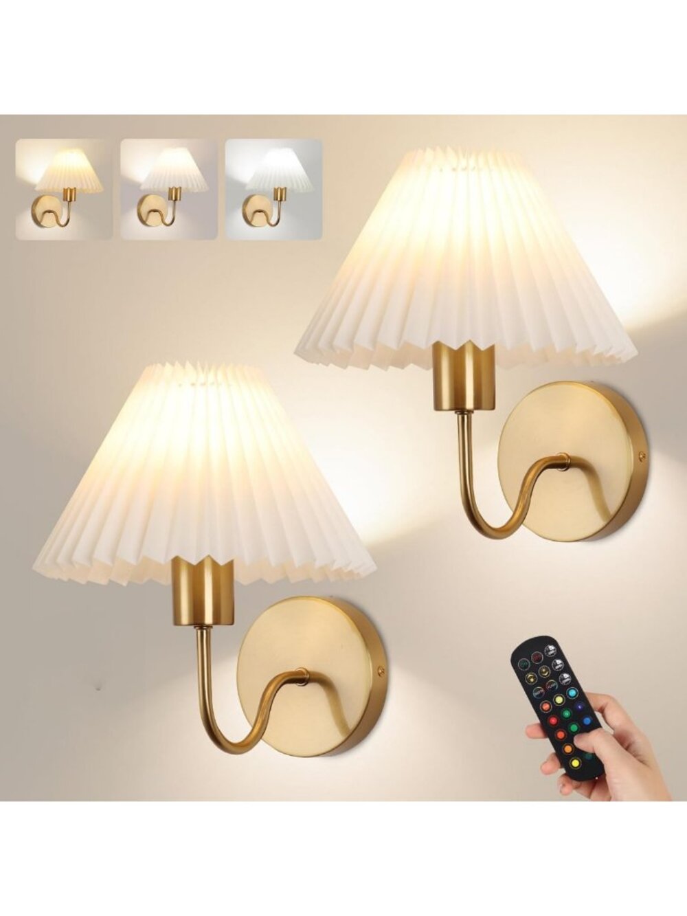 Set of 2 Wireless Wall Sconces with Pleated Shades - Rechargeable & Retro Gold